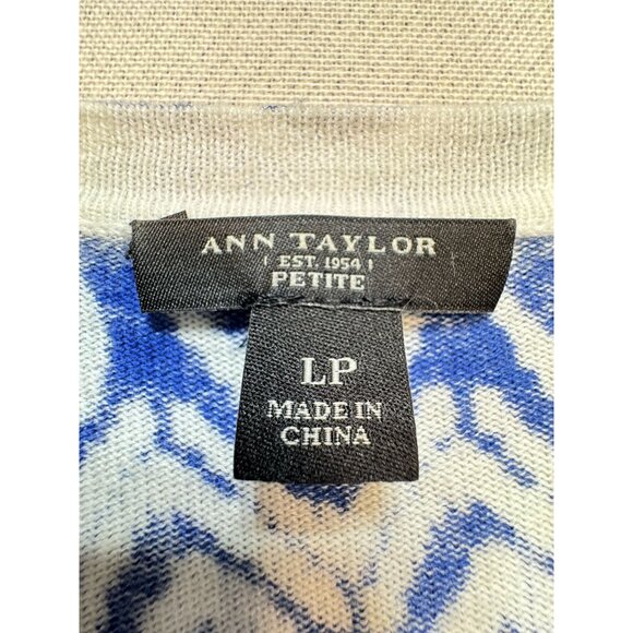 Ann Taylor Knit Cardigan Sweater Womens LP Blue Ikat Button Front V-Neck Cozy - Picture 2 of 12